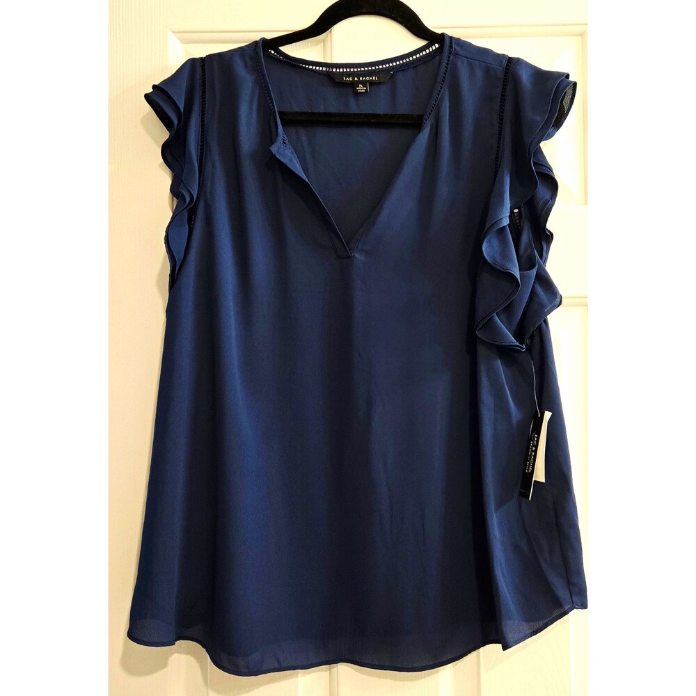 New Zac & Rachel Ruffle Sleeve Blouse XL Deep Pacific Blue Navy V-Neck Boho NWT